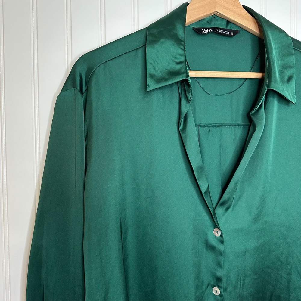 Zara Emerald Green Satin Button Down  Oversized Long Sleeve‎ Blouse Size L - Picture 4 of 8